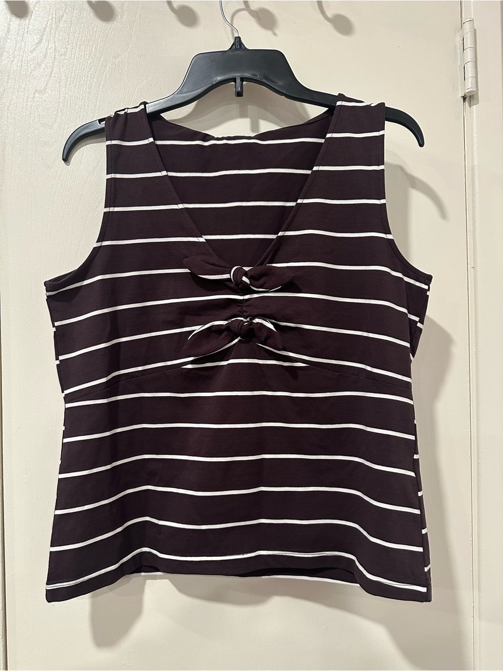 Striped Tie-Front Sleeveless Top - Chocolate Brown & White. Size M.